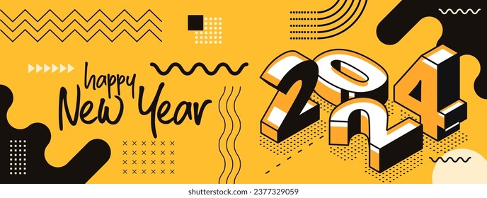 happy new year 2024 retro style cover with modern geometric abstract background with isometric. happy new year greeting card banner design for 2024 resolution. Yellow black Vector illustration