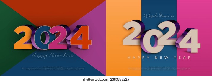 happy new year 2024 with retro 3d colorful design template. 2024 new year celebration for brochures, greeting cards and media sayings. 2024 3d.