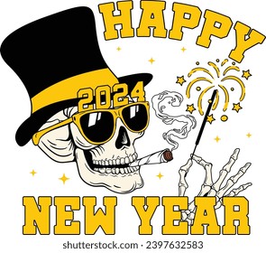 Happy New Year 2024, Retro Skull, New Years Eve, Funny Skull Magic, Happy New Year, New Year 2024, Trendy Design