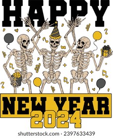 Happy New Year 2024, Retro New Year Skeleton, Funny Skeleton Dancing, Skeleton Dance Party, New Year 2024, New Year Holiday
