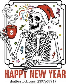 Happy New Year 2024, Retro New Year Santa Skeleton, Skeleton Drink Coffee, Funny Skeleton with Santa Hat, New Year Holiday