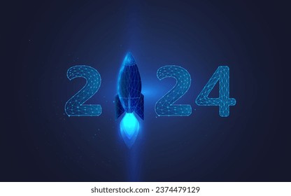 feliz año nuevo 2024 símbolo de las ideas en el año que viene. rocket .buena idea para iniciar el fondo geométrico abstracto .abstract. wireframe. plexus. aislado. ilustración vectorial. triángulo. aislado