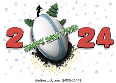 Happy new year. 2024 with rugby ball, Christmas trees, rugby player and fans. Original template design for greeting card, banner, poster. Vector illustration on isolated background