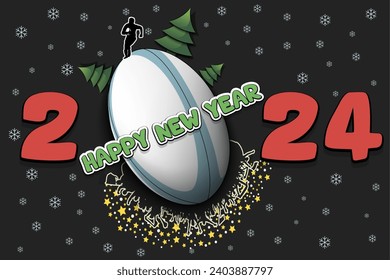 Happy new year. 2024 with rugby ball, Christmas trees, rugby player and fans. Original template design for greeting card, banner, poster. Vector illustration on isolated background