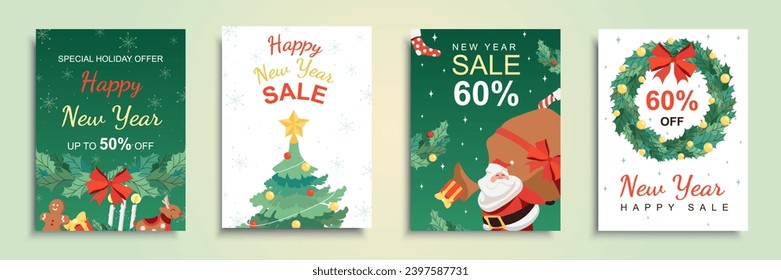 Happy New Year 2024 sales cover brochure set in flat design. Poster templates with seasonal shopping clearance and discount offer with Santa Claus with gift festive tree and decor. Vector illustration