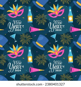 Happy New Year 2024 Seamless Pattern Illustration with Elements Decoration New Years Background