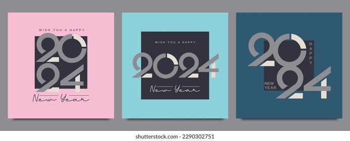 Happy new year 2024. Set of 2024 new year square template for calendar, cover, card and media post. 2024 typography logo