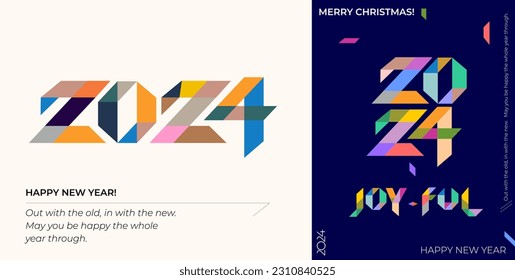 Happy New Year 2024 set. Creative concept of 2024 New Year square template for calendar, cover, card and media post. Minimalistic trendy vector 2024 typography logo. Celebration and season decoration.