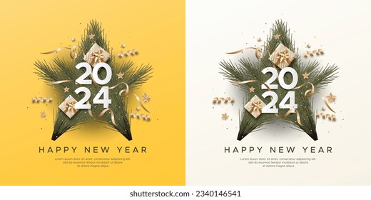 Happy New Year 2024. Set of celebrate party 2024 on white and yellow background. Festive realistic decoration new year and Christmas background