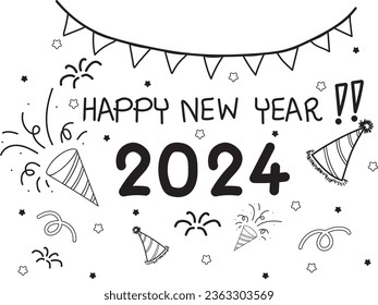 Happy New year 2024, Set New year party elements doodle in black isolated over white background.