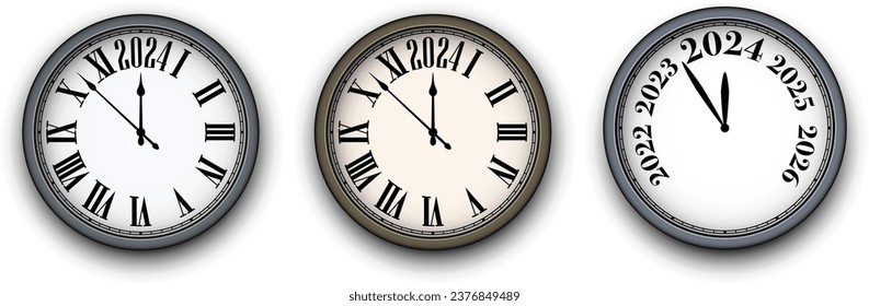 Schönes neues Jahr 2024 Countdown Silber-und goldene Uhr auf weißem Hintergrund. Vektorgrafik.