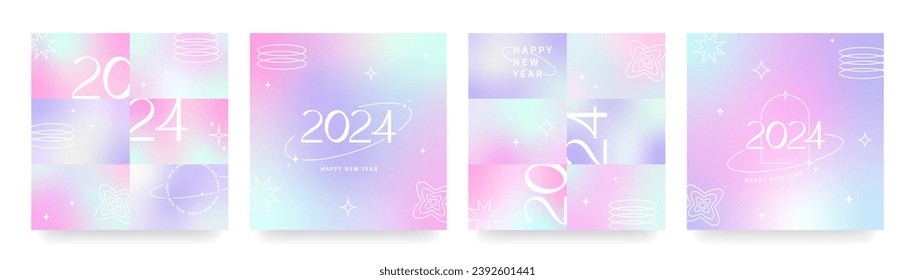 Happy New Year 2024 set square card covers, post templates design. Modern aesthetic gradient graphic backgrounds. Y2k trendy minimalist aesthetic. Pale pink, purple, blue vibrant colors.