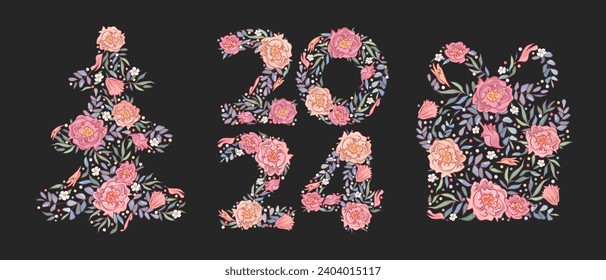 Happy new year 2024 set with hand drawn flowers isolated on black background. Floral elements. Vector illustration