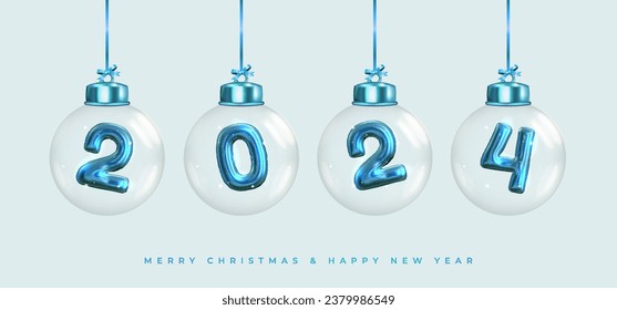 Happy New Year 2024! Shiny blue numbers inside Christmas glass balls hanging on ribbon. Realistic 3D image of metal sign. Celebrating 2024 party. Christmas poster, web banner, site header. Vector.