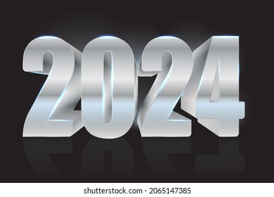 Happy New Year 2024. Silver 3D numbers. Black background with a nebula. Vector illustration