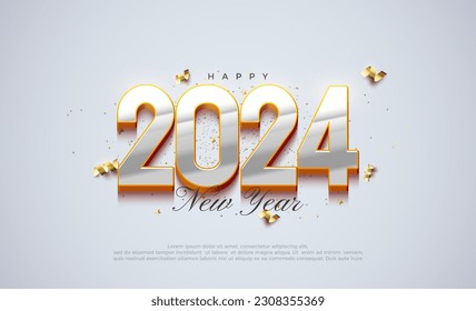 Happy new year 2024 with silver metallic numerals on orange background. Premium vector design for banner, poster, social post and happy new year greeting.
