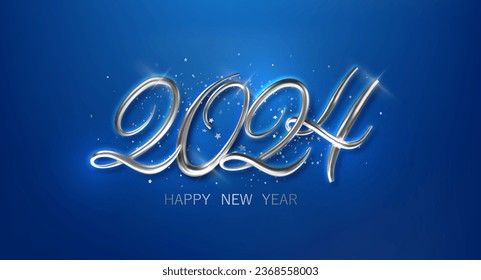 Happy new year 2024 silver numbers with on blue background. Banner for Christmas.