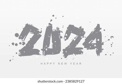 Happy New Year 2024. Silver numbers drawn with a brush by hand. Lettering. Elements for a New Year greeting card. Vector illustration on a light gray background.