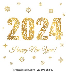 Happy New Year 2024. Snowflakes and golden figures with made in floral ornament isolated on a white background.