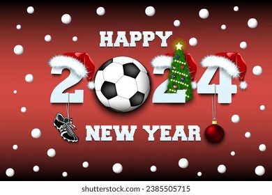 Happy new year. 2024 with soccer ball. Numbers in Christmas hats with football boot and Christmas tree ball. Original template design for greeting card. Vector illustration on isolated background