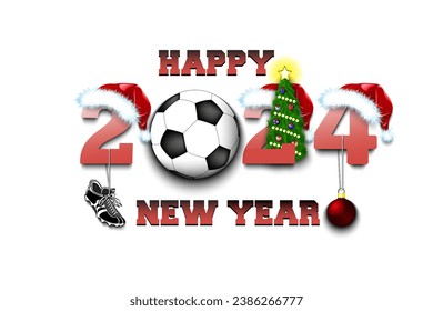 Happy new year. 2024 with soccer ball. Numbers in Christmas hats with football boot and Christmas tree ball. Original template design for greeting card. Vector illustration on isolated background