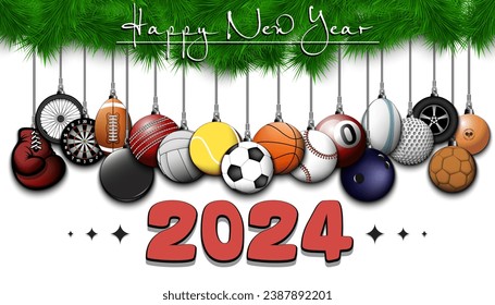 Happy New Year 2024. Soccer, football, basketball, tennis, baseball, volleyball, golf, bowling, billiard, cricket, rugby balls hanging on a Christmas tree branch. Vector illustration