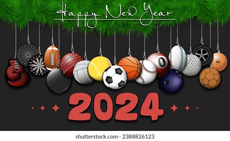 Happy New Year 2024. Soccer, football, basketball, tennis, baseball, volleyball, golf, bowling, billiard, cricket, rugby balls hanging on a Christmas tree branch. Vector illustration