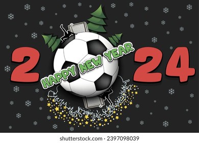 Happy new year. 2024 with soccer ball, Christmas trees, football player and fans. Original template design for greeting card, banner, poster. Vector illustration on isolated background