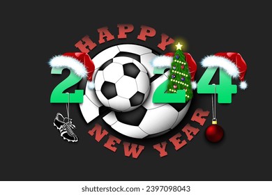 Happy new year. 2024 with soccer ball. Numbers in Christmas hats with football boot and Christmas tree ball. Original template design for greeting card. Vector illustration on isolated background