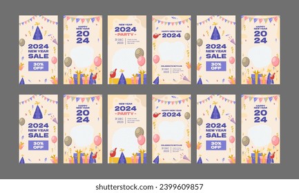 happy new year 2024 social media stories vector flat design