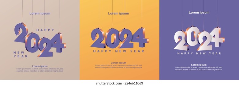 Happy new year 2024 square template with 3D hanging number. Greeting concept for 2024 new year celebration