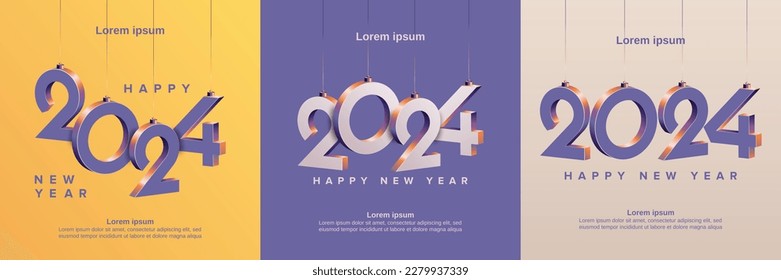 Happy new year 2024 square template with 3D hanging number. Greeting concept for 2024 new year celebration