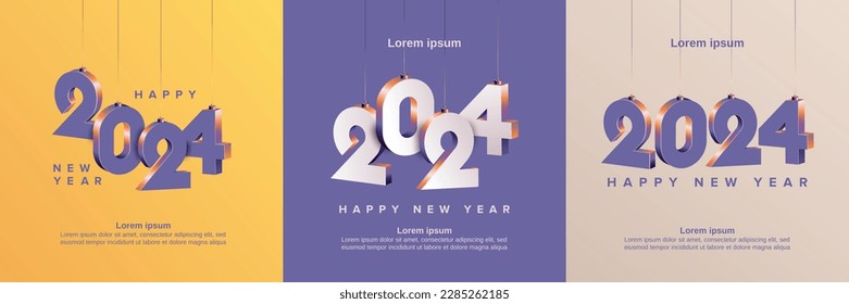 Happy new year 2024 square template with 3D hanging number. Greeting concept for 2024 new year celebration