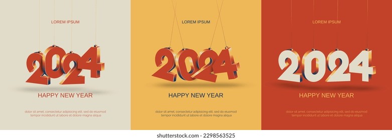 Happy new year 2024 square template with 3D hanging number. Greeting concept for 2024 new year celebration