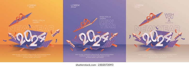 Happy new year 2024 square template with 3D number, firework di open gift box. Set of 2024 new year for poster, banner, card and social media post template