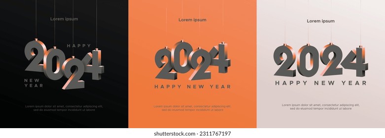 Happy new year 2024 square template with 3D hanging number. Greeting concept for 2024 new year celebration with bold number