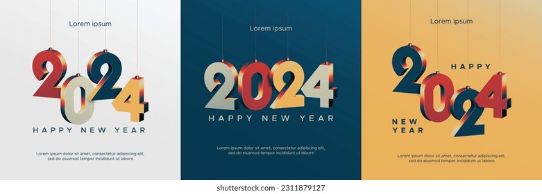 Happy new year 2024 square template with 3D hanging number. Greeting concept for 2024 new year celebration with modern retro colour