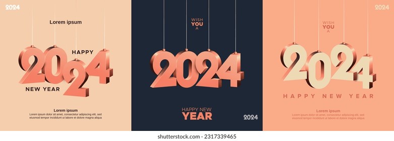 Happy new year 2024 square template with 3D hanging number. Greeting concept for 2024 new year celebration