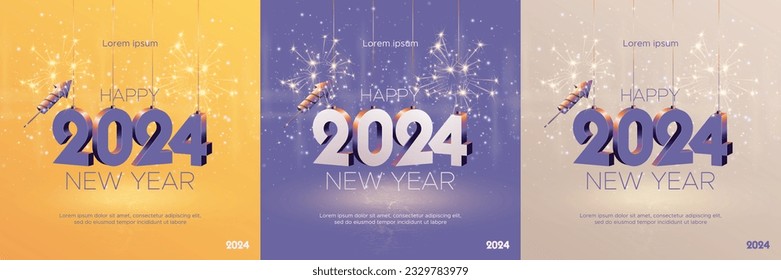 Happy new year 2024 square template with 3D hanging number. Greeting concept for 2024 new year celebration