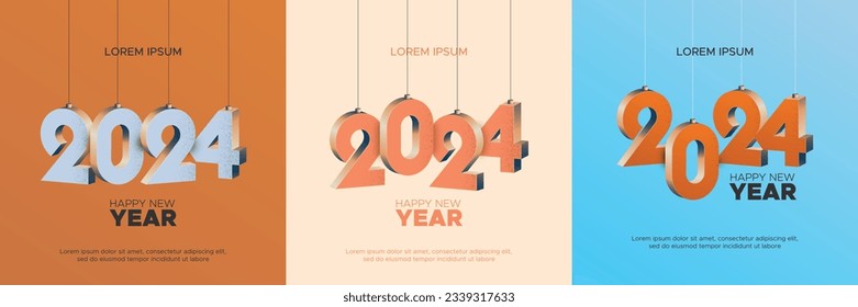 Happy new year 2024 square template with 3D hanging number. Greeting concept for 2024 new year celebration template