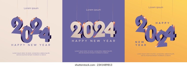 Happy new year 2024 square template with 3D hanging number. Greeting concept for 2024 new year celebration