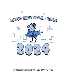 Happy new year 2024 square banner with mid-century modern cartoon character carrying a pine tree. Vector illustration