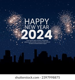 Happy new year 2024 square template with firework and city night background. Greeting concept for 2024 new year celebration