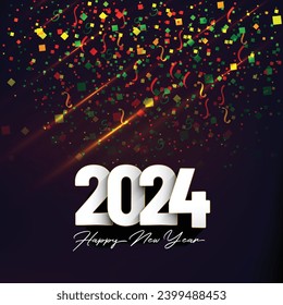 Schönes neues Jahr 2024 quadratisches Template mit 3D Hängenummer. Grußkonzept für 2024 Neujahrsfeier Confetti