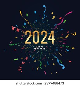 Happy new year 2024 square template with 3D hanging number. Greeting concept for 2024 new year celebration Confetti