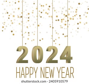 Feliz Año Nuevo 2024 plantilla cuadrada con número colgante 3D. Estrella brillante dorada con saludo de fondo blanco 