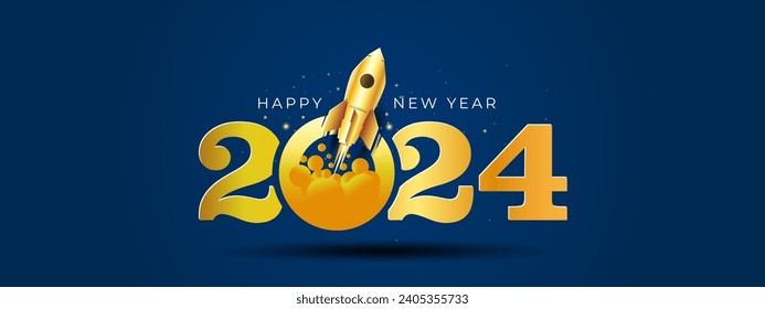 Happy new year 2024 start and launched background. 2024 number with rocket. Creative concept Vector illustration.