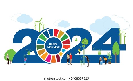 Happy new year 2024 Year. Sustainable Development concept typography. Cover of business diary for 2020 with wishes. Brochure design template, card, banner. Vector illustration