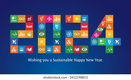 Happy New Year 2024, Sustainable Development concept typography. Wishing a Sustainable and Happy new year. Cover of business report 2024. Brochure design template, card, banner. Vector illustration. svg