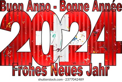 Alles Gute zum Neujahr 2024 mit der Schweizer Flagge. Übersetzung: "Happy New Year" 